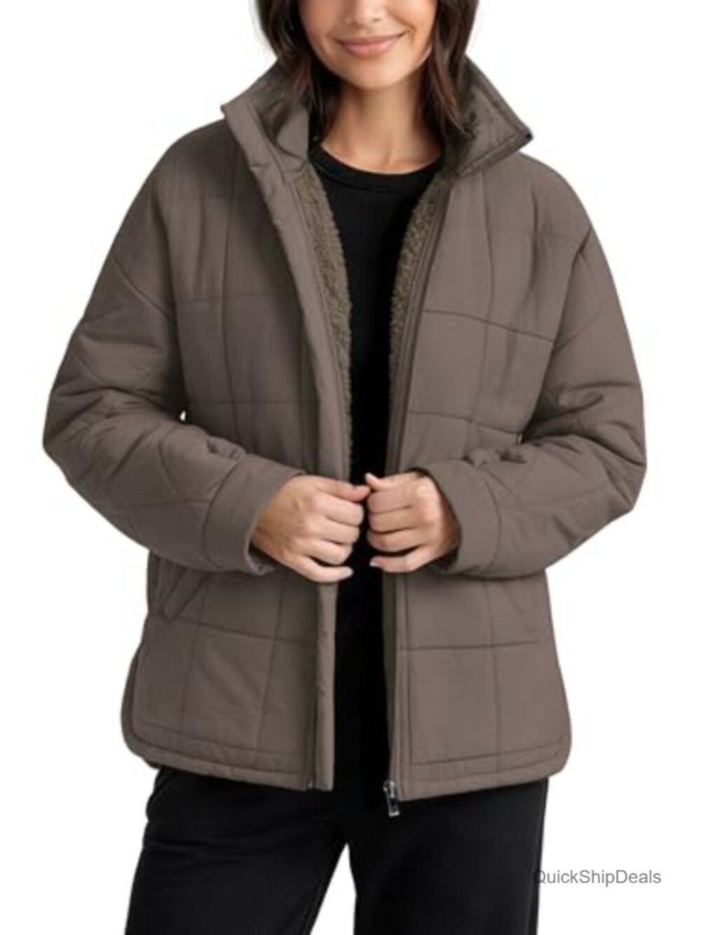 Sherpa Lined Insulated Jacket Full Zip Split Hem Long Sleeve Winter Coat